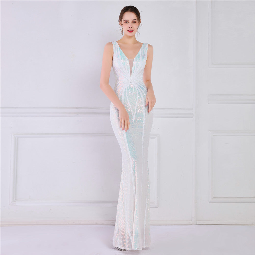 Sofya 19025# positioning flower beads banquet elegant long sleeveless sequins aura queen fishtail skirt slim fishtail skirt