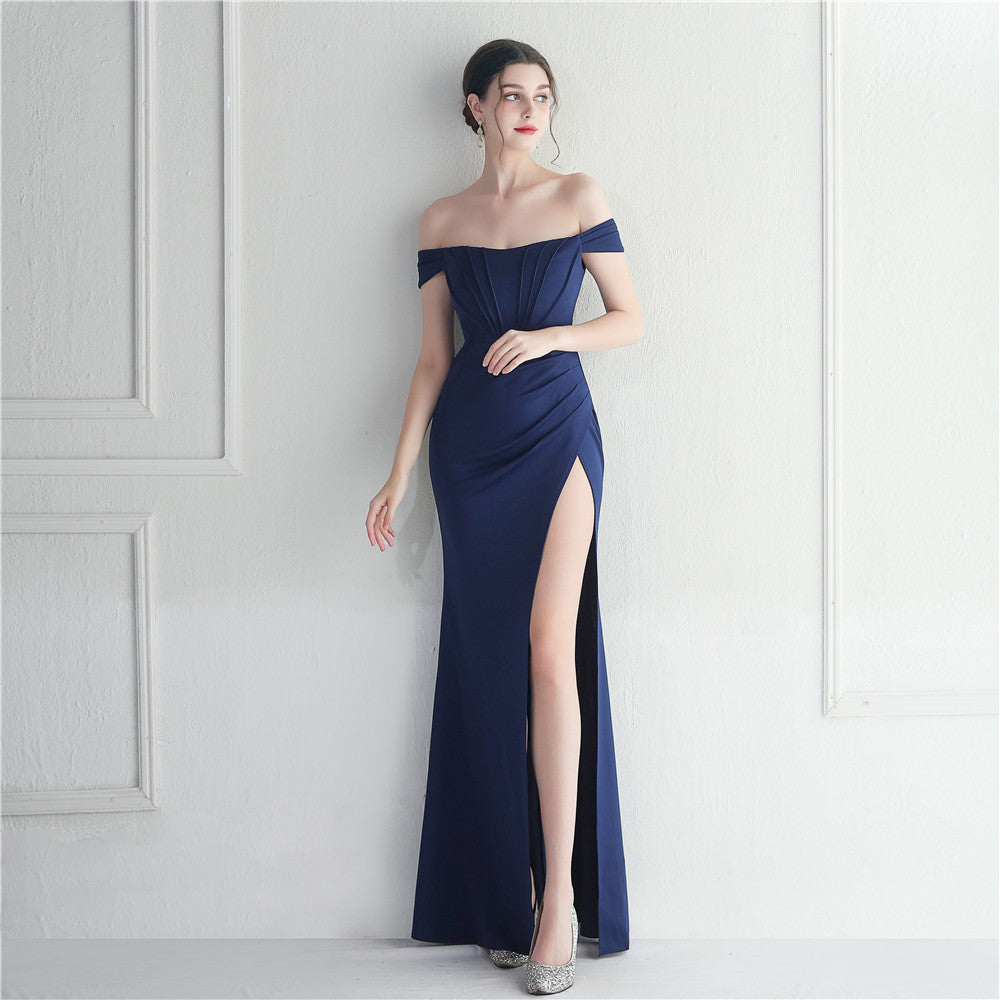 Sofya 19725 # Ready-Made Off-Shoulder One-Line Collar Slit Nightclub Dress Wedding Dinner
