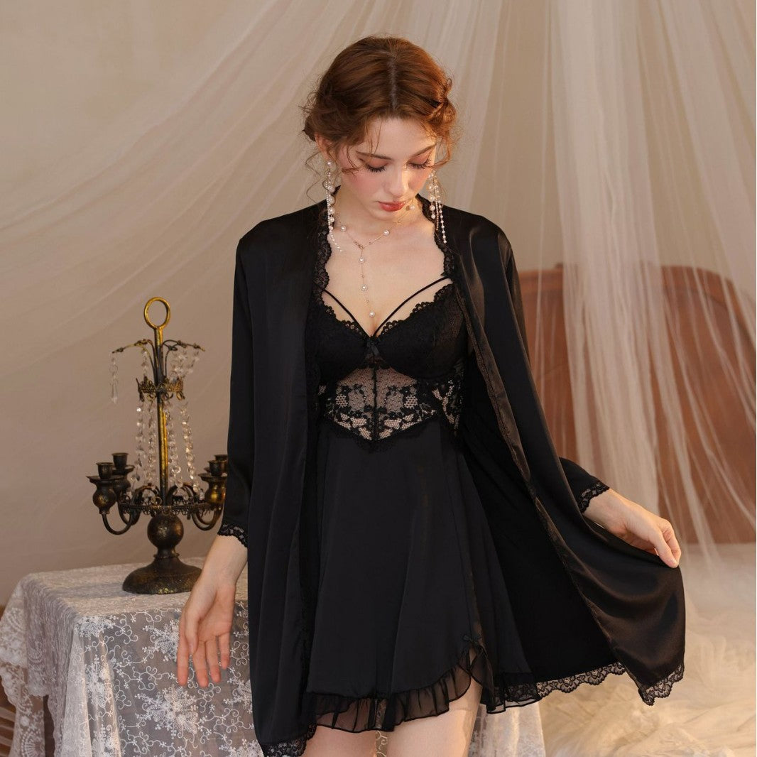Amiel French-Style Thin Camisole Nightdress for Women, Summer Similar Sheer Patchwork Nightdress, Silky Ice Silk Loungewear Trendy