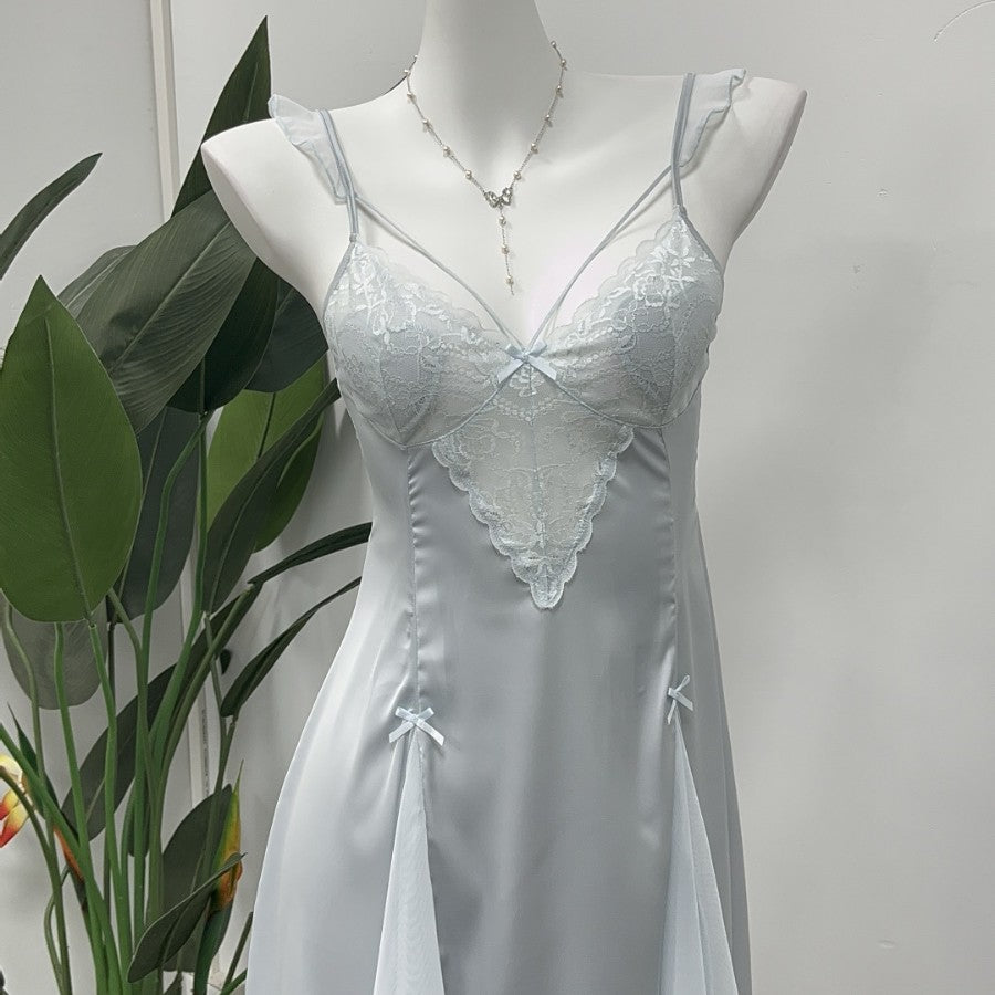 Amiel Burgundy Nightgown with Bow Lace Trim and Satin Waist-Cinching Design, Slimming Bridal Home Slip Dress