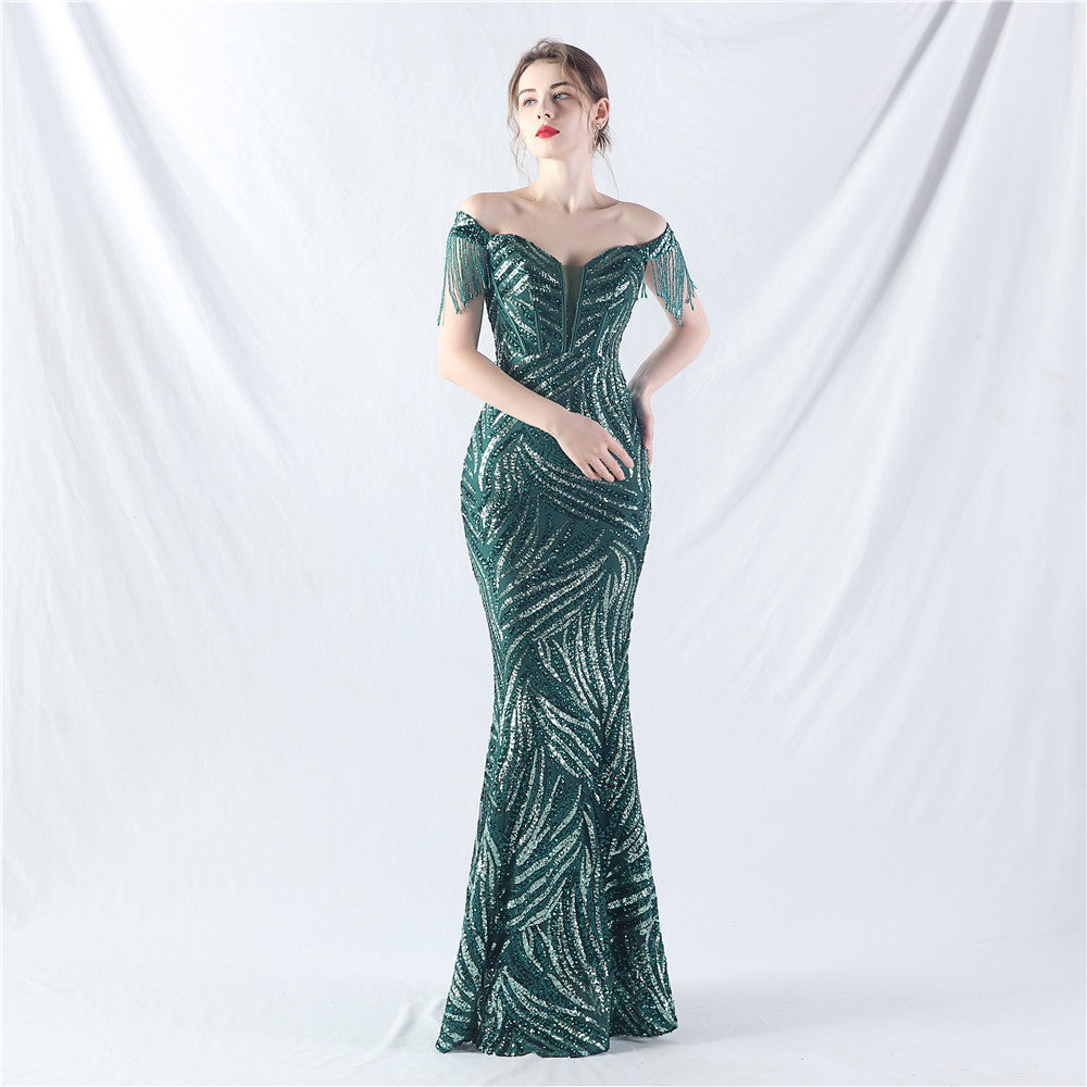 Sofya 31963# New Palace Fishbone Vest Waist Tight Strap Heavy Industry High-end Evening Dress with Beads