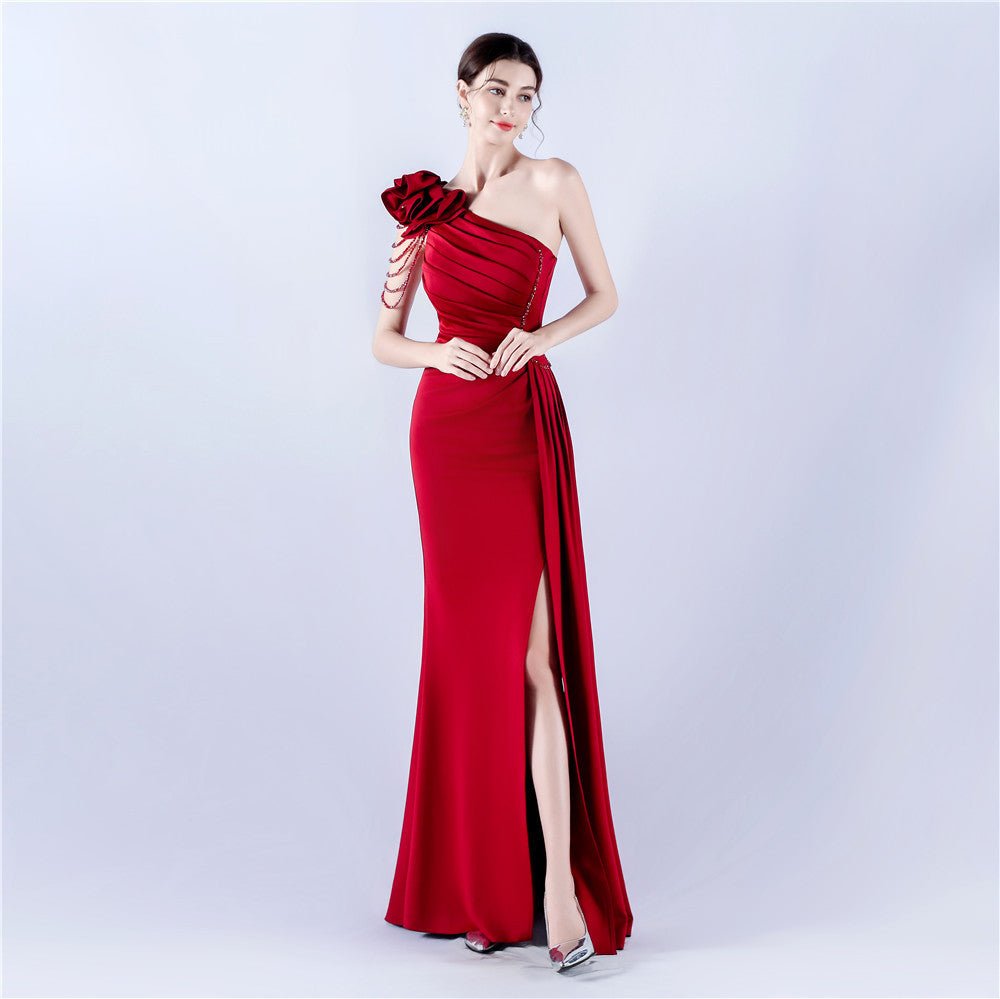 32075# Women's Clothing Heavy Industry Beaded Handmade Art Flower Pleated Technology Satin Shoulder High Fork Evening Dress