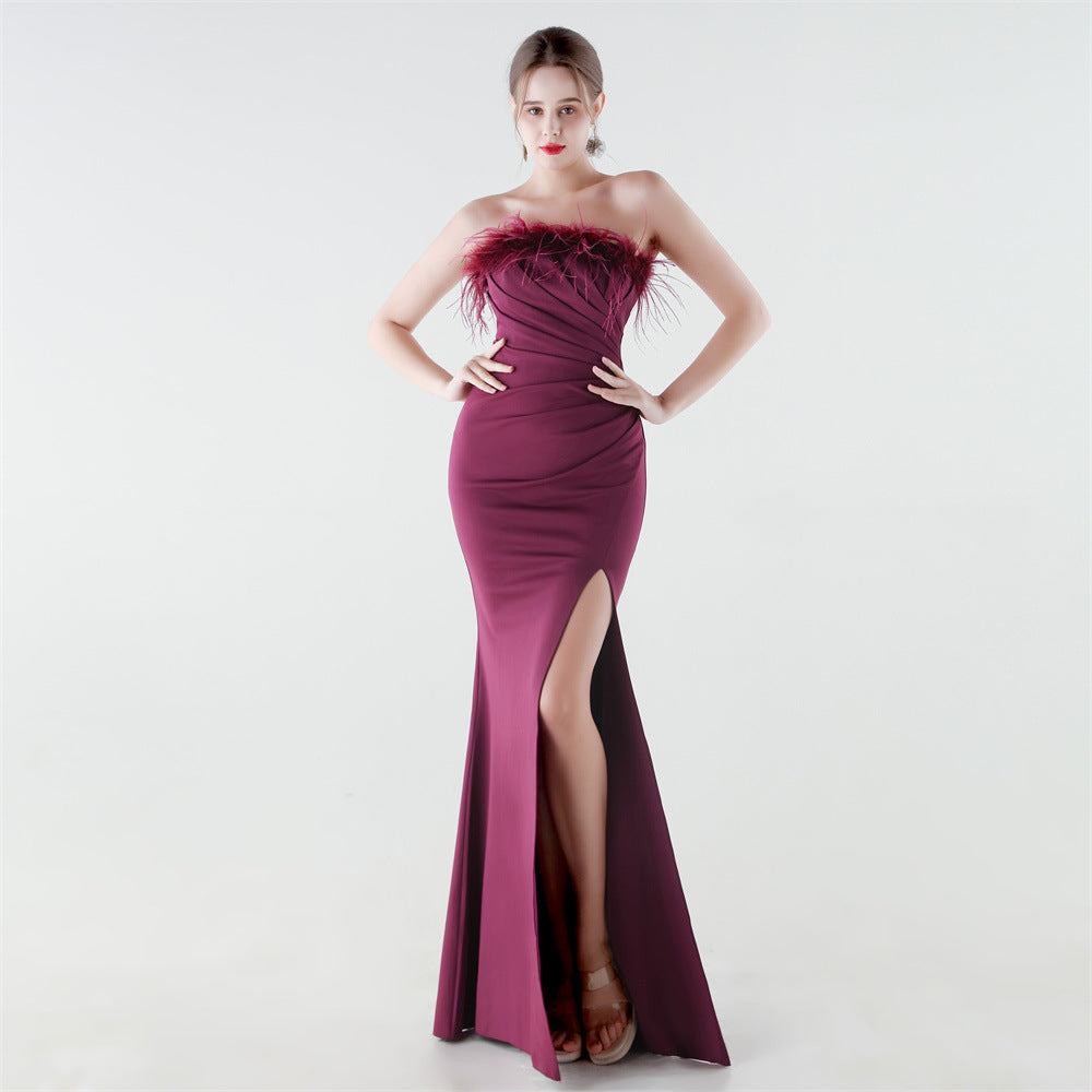 33985 # New Style Strapless Feather Slim Fishtail High-Slit Evening Gown for Banquets