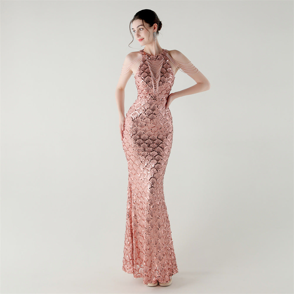 33369 # New High-Neck Draped Thin Chain Decorated Fishtail Skirt Sequined Evening Dress Light Luxury Niche Banquet Dress