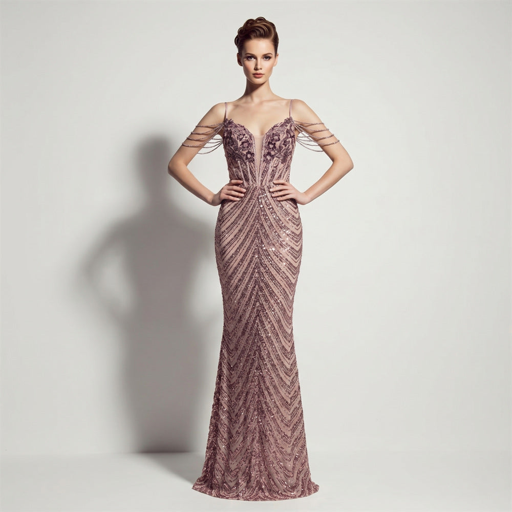 Sofya 35288 # New Style Sequin Tassel Evening Dress Banquet Party Slim Fit Fishtail Long Dress