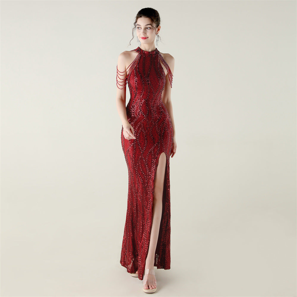 33660 # Sequin Craft Beaded Evening Dress Off-Shoulder Halterneck Fishtail Skirt Socialite Style Light Luxury Slimming