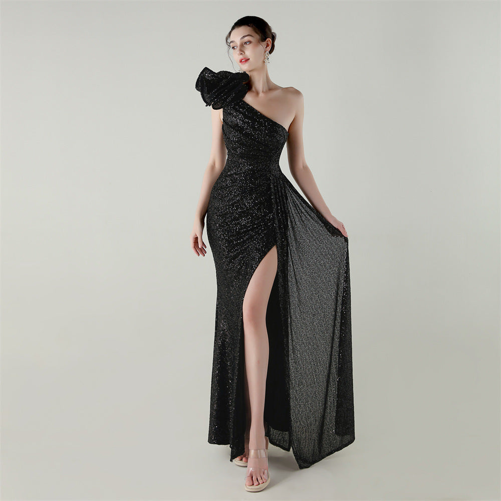 33639 # One-Shoulder Sequin Craft Flower Beaded Slim Fishtail Evening Dress Award Ceremony High-End Social Dress