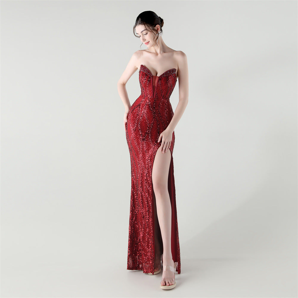 33261# new fishbone waist heavy-duty beaded heart-shaped collar bright piece evening dress luxury banquet evening dress