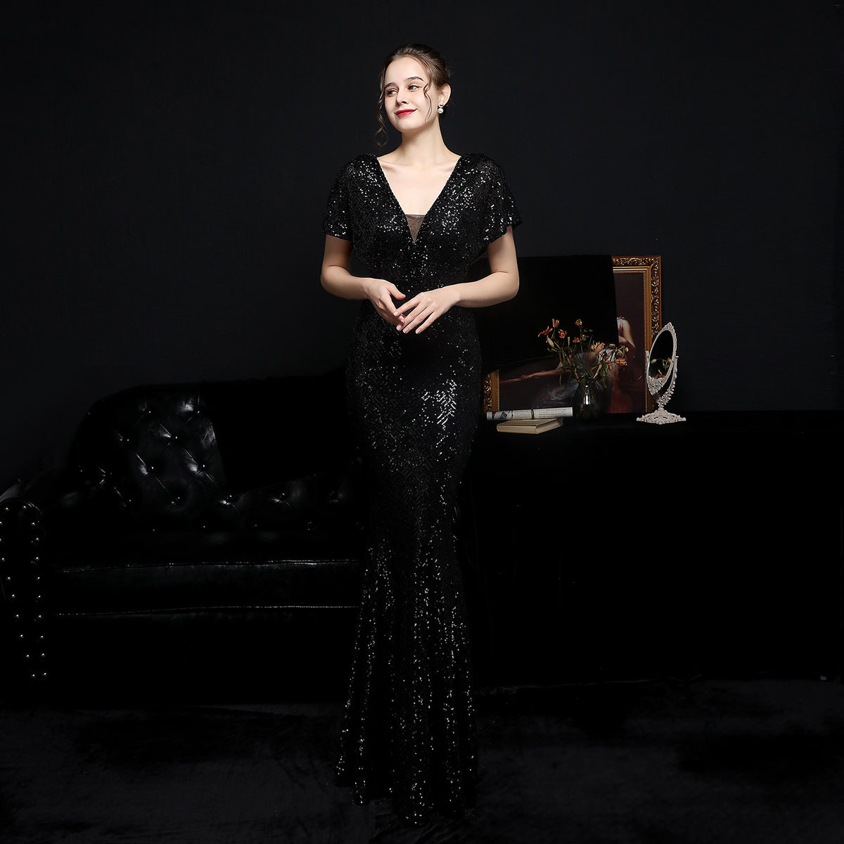 Sofya 18611 # Plaid Sequin Fishtail Banquet Elegant Temperament Annual Meeting Host Car Model Party Dress Female Autumn