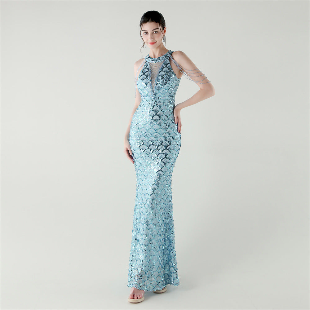 33369 # New High-Neck Draped Thin Chain Decorated Fishtail Skirt Sequined Evening Dress Light Luxury Niche Banquet Dress