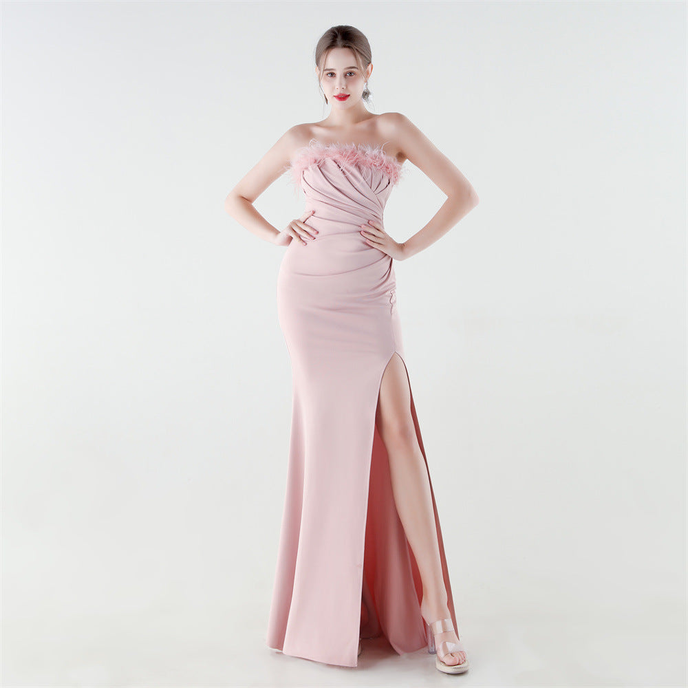 33985 # New Style Strapless Feather Slim Fishtail High-Slit Evening Gown for Banquets