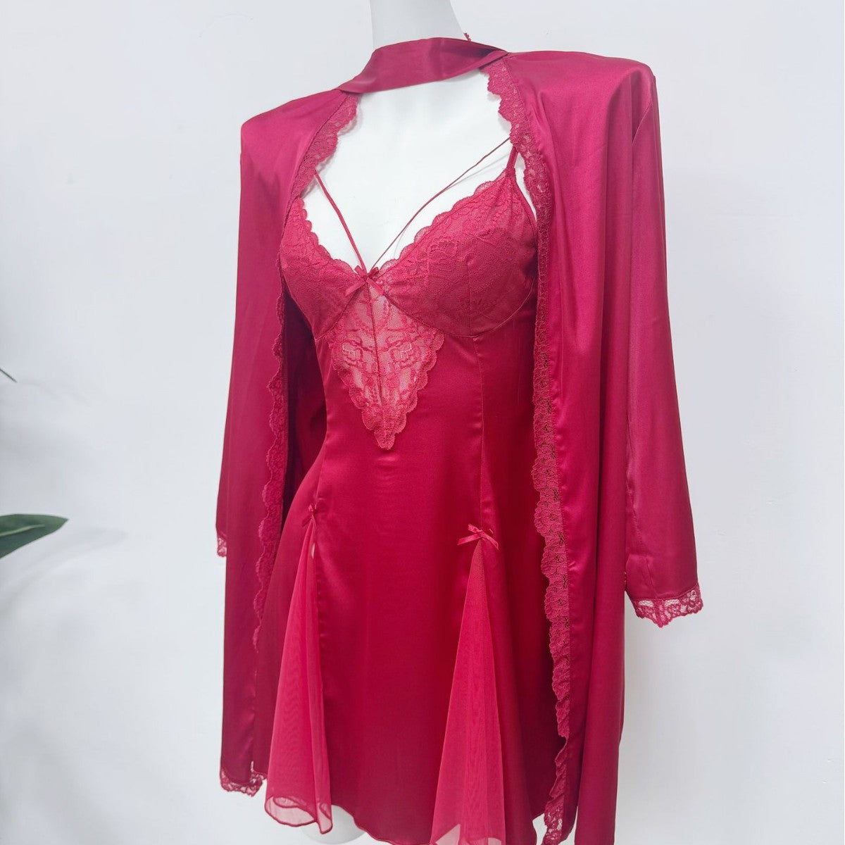 Amiel Burgundy Nightgown with Bow Lace Trim and Satin Waist-Cinching Design, Slimming Bridal Home Slip Dress