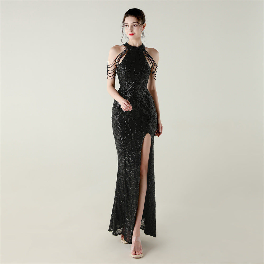 33660 # Sequin Craft Beaded Evening Dress Off-Shoulder Halterneck Fishtail Skirt Socialite Style Light Luxury Slimming