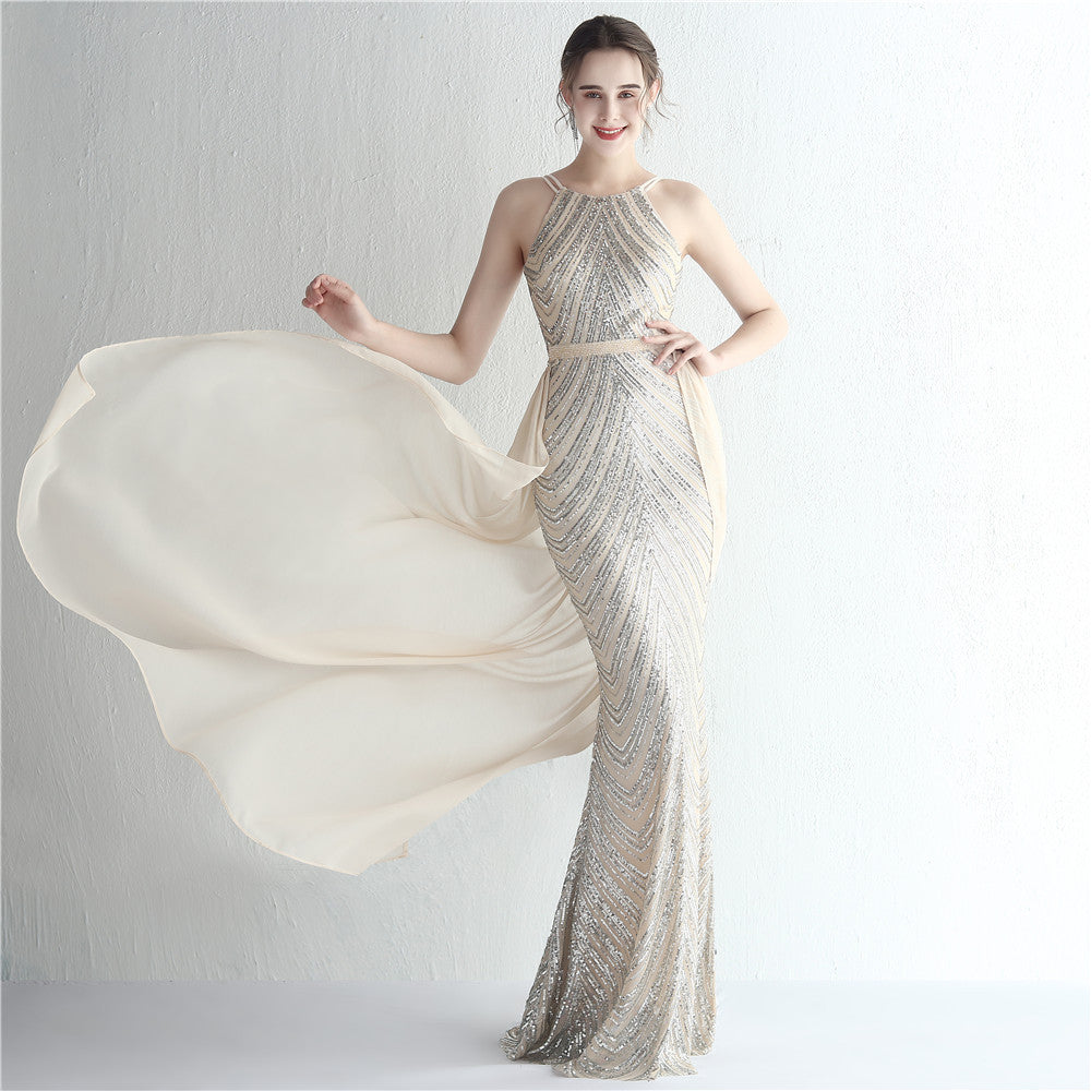 Sofya 19223 # Positioning Floral Sequin Chiffon Skirt with Beaded Halter Neck Style, Elegant and Cool, Long Sequin for Ladies' Banquet