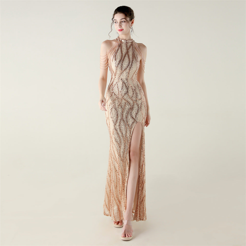 33660 # Sequin Craft Beaded Evening Dress Off-Shoulder Halterneck Fishtail Skirt Socialite Style Light Luxury Slimming
