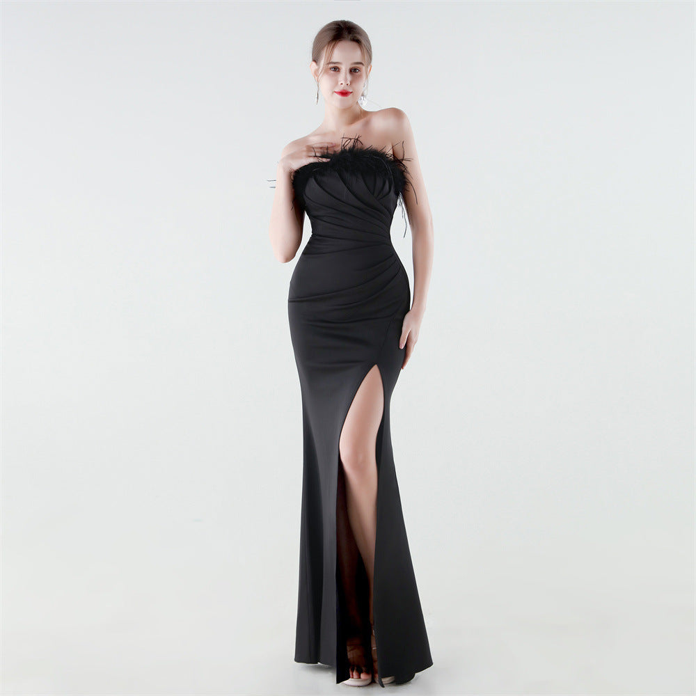 33985 # New Style Strapless Feather Slim Fishtail High-Slit Evening Gown for Banquets