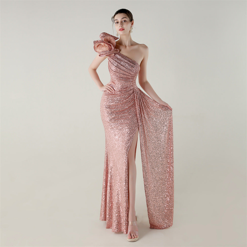 33639 # One-Shoulder Sequin Craft Flower Beaded Slim Fishtail Evening Dress Award Ceremony High-End Social Dress