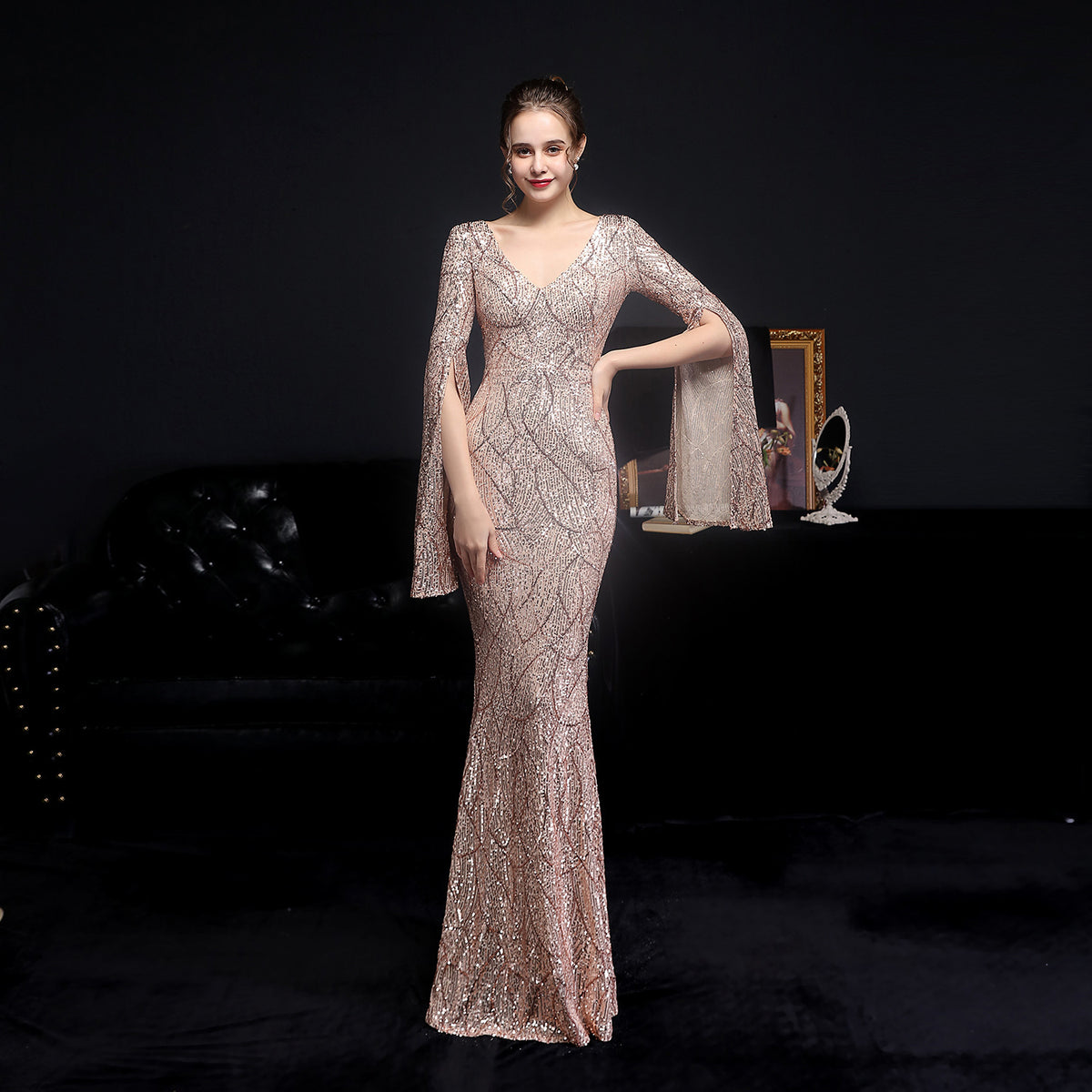 Sofya 18576 # Sequin Long Banquet Slim Fishtail Elegant Socialite Party Annual Meeting Host Evening Dress