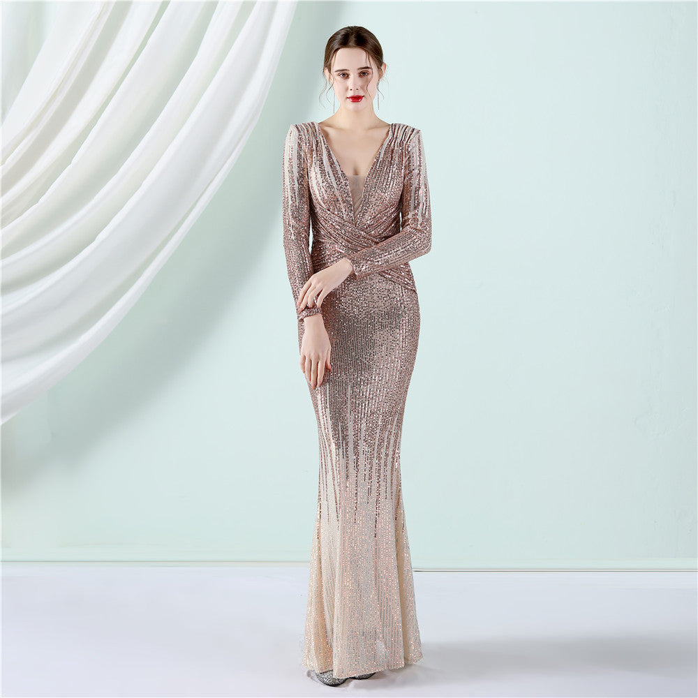 Sofya 19037 # Gradient Beaded Long Sleeve Evening Dress Spring/Summer New Fashion Long Sequin Dress Toast Dress