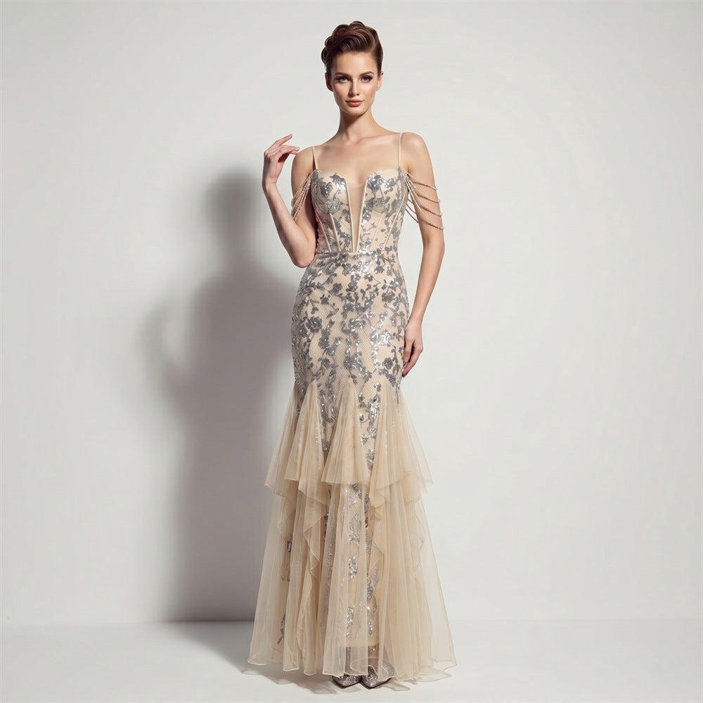 Sofya 35292 # New Style Sequin Tassel Evening Dress Banquet Party Slim Fit Fishtail Long Dress