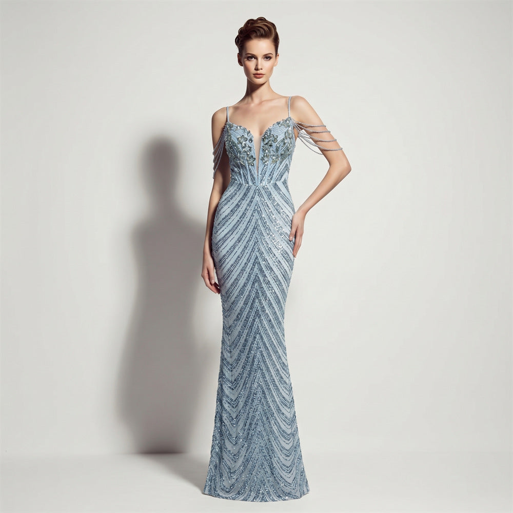 Sofya 35288 # New Style Sequin Tassel Evening Dress Banquet Party Slim Fit Fishtail Long Dress