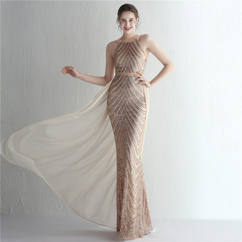 Sofya 19223 # Positioning Floral Sequin Chiffon Skirt with Beaded Halter Neck Style, Elegant and Cool, Long Sequin for Ladies' Banquet