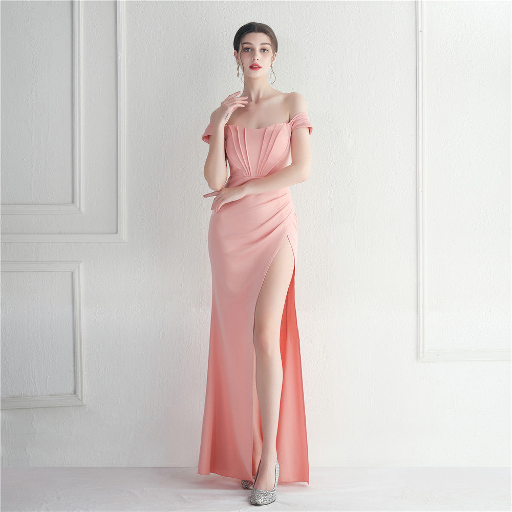 Sofya 19725 # Ready-Made Off-Shoulder One-Line Collar Slit Nightclub Dress Wedding Dinner