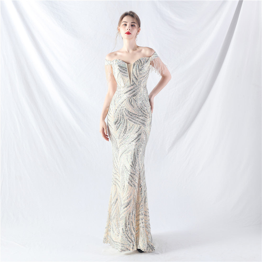 Sofya 31963# New Palace Fishbone Vest Waist Tight Strap Heavy Industry High-end Evening Dress with Beads