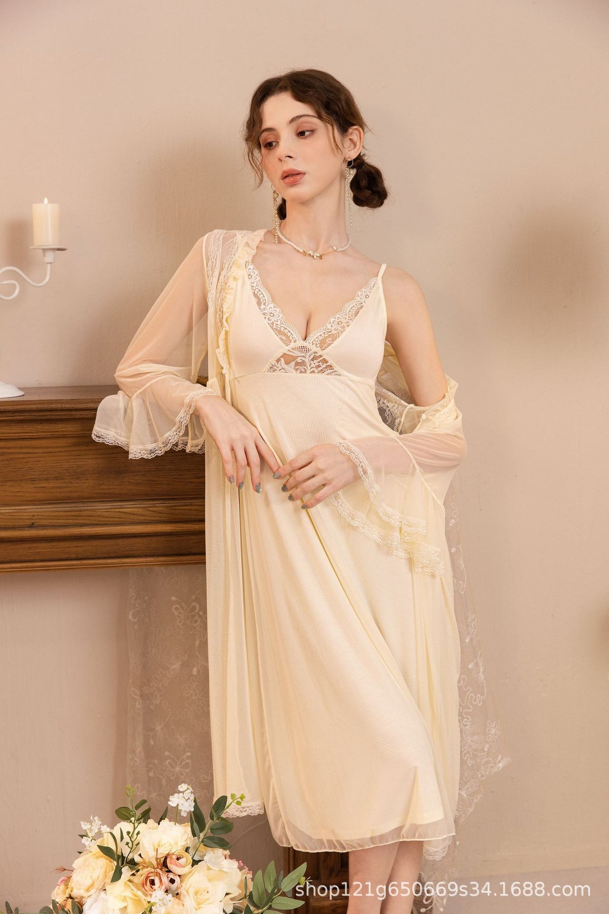 Amiel Palace-Style Modal Fairy Nightgown with Built-In Chest Pads + Mesh Outer Robe Two-Piece Set , Atmospheric Loungewear