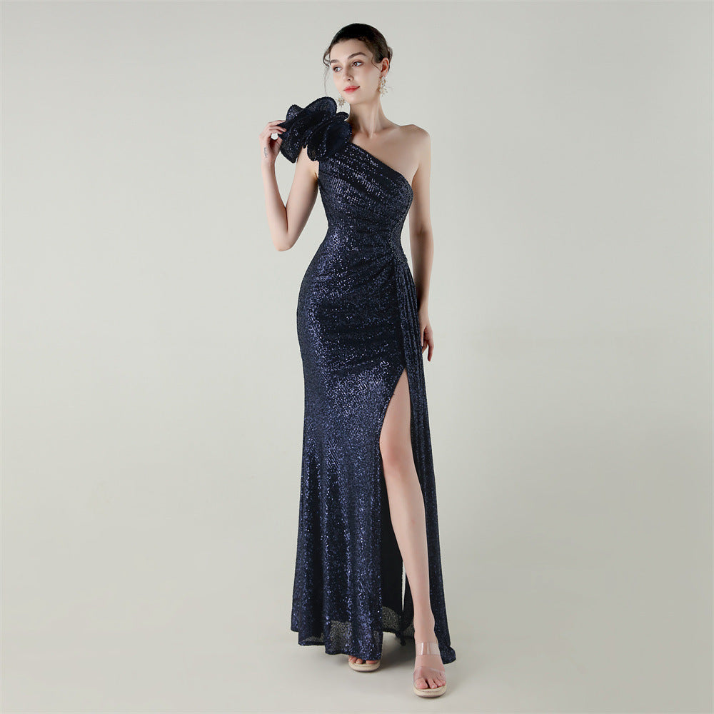 33639 # One-Shoulder Sequin Craft Flower Beaded Slim Fishtail Evening Dress Award Ceremony High-End Social Dress
