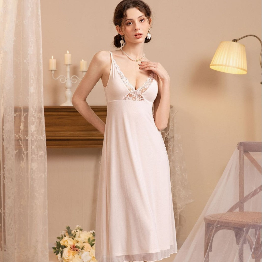 Amiel Palace-Style Modal Fairy Nightgown with Built-In Chest Pads + Mesh Outer Robe Two-Piece Set , Atmospheric Loungewear