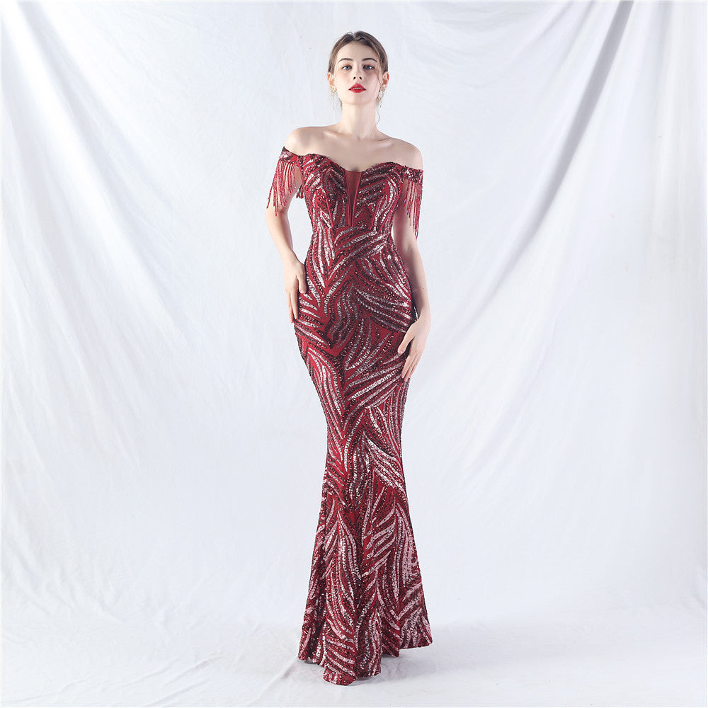 Sofya 31963# New Palace Fishbone Vest Waist Tight Strap Heavy Industry High-end Evening Dress with Beads