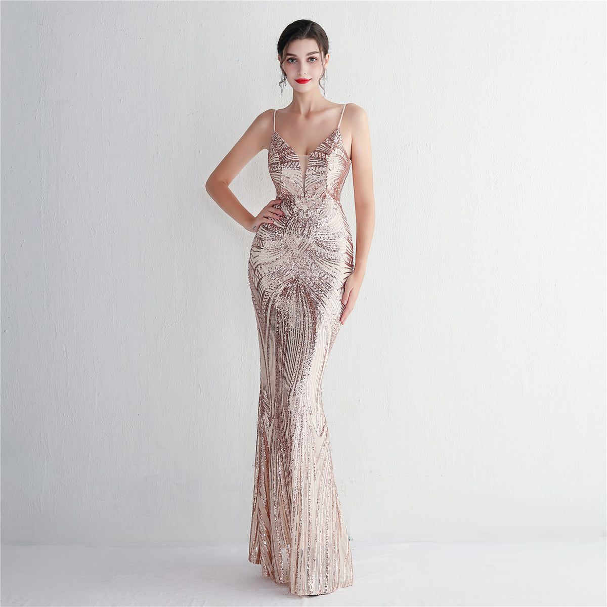 Sofya 19330 # New Style Spaghetti Strap Evening Gown with Sequins, Long Slim-Fit Evening Dress for Parties, Elegant and Graceful