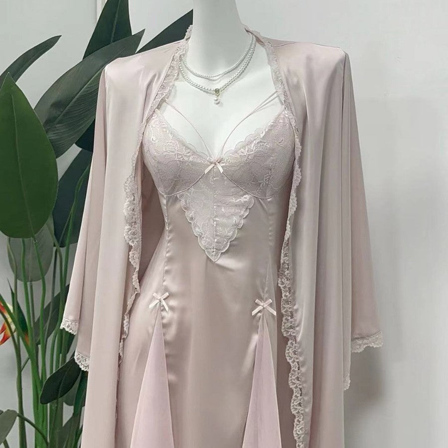 Amiel Burgundy Nightgown with Bow Lace Trim and Satin Waist-Cinching Design, Slimming Bridal Home Slip Dress