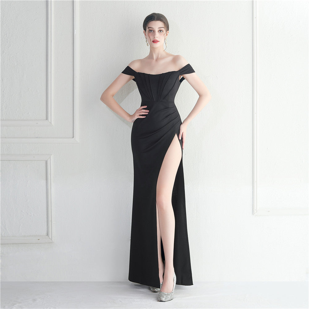 Sofya 19725 # Ready-Made Off-Shoulder One-Line Collar Slit Nightclub Dress Wedding Dinner