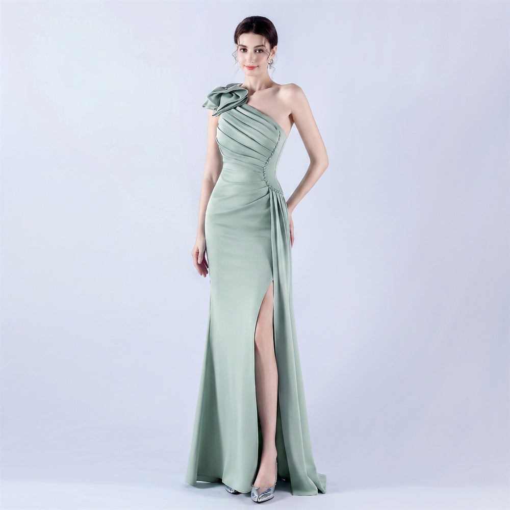 Sofya 31992# New Dress Lotus Shoulder Oblique Neck Craft Bead Hot Drilling Evening Dress Annual Celebration