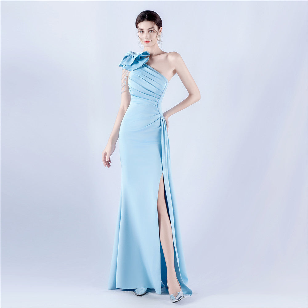 32075# Women's Clothing Heavy Industry Beaded Handmade Art Flower Pleated Technology Satin Shoulder High Fork Evening Dress