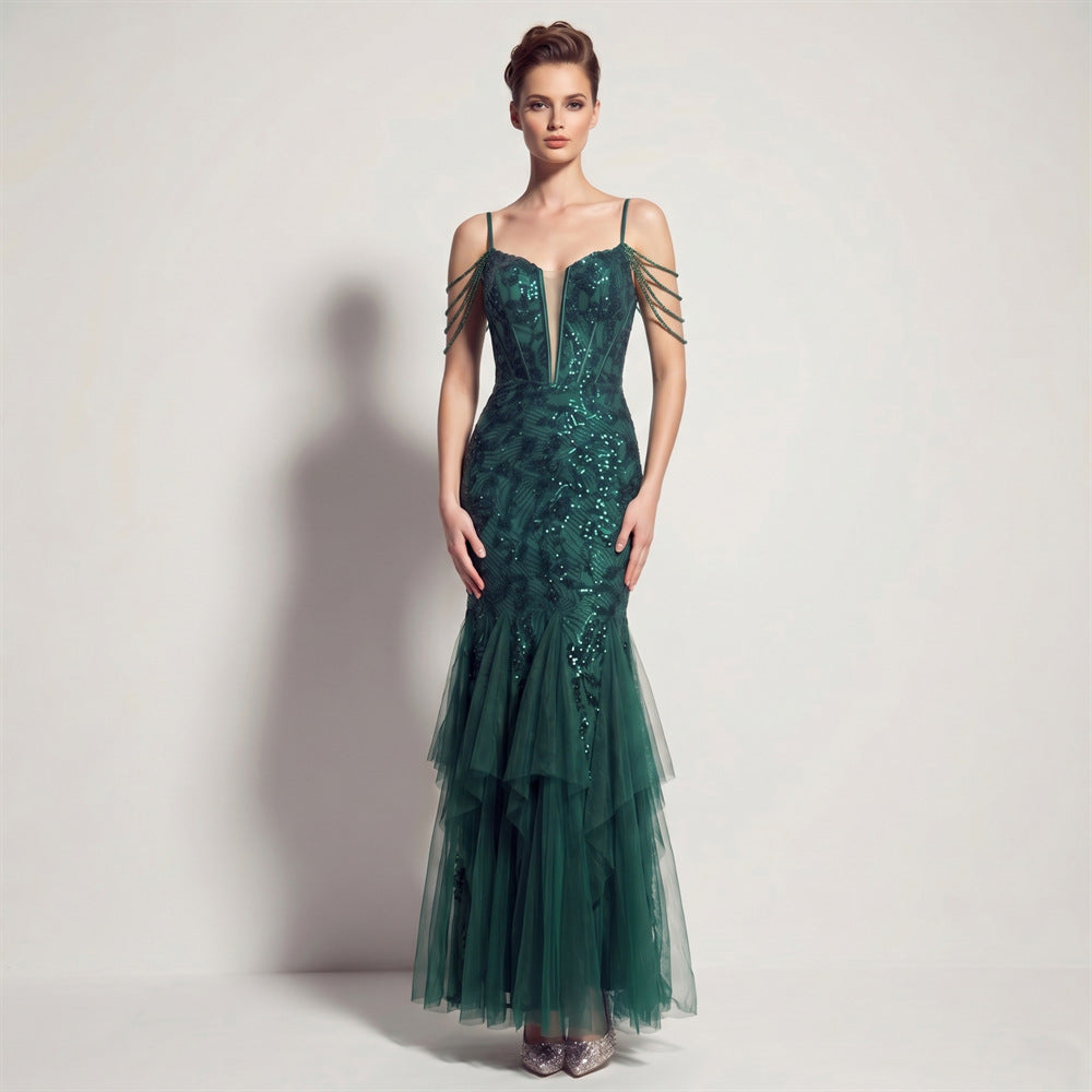 Sofya 35292 # New Style Sequin Tassel Evening Dress Banquet Party Slim Fit Fishtail Long Dress