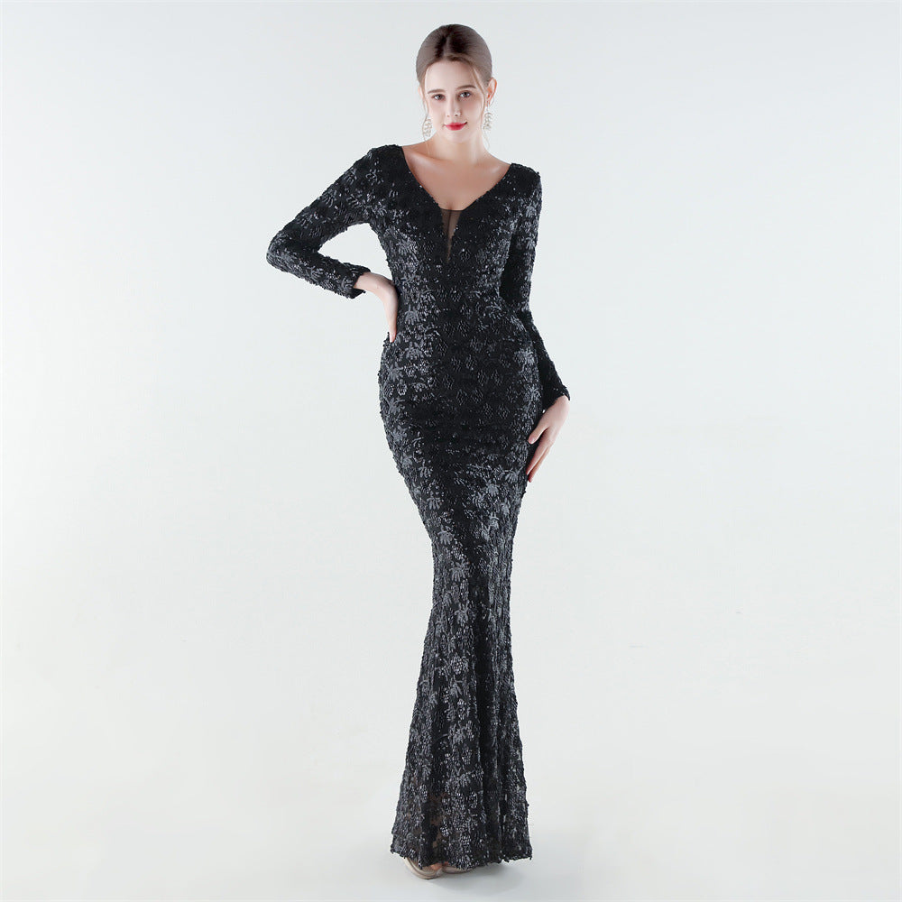 Sofya 33792 # New Style Heavy-Duty Sequined V-Neck Mermaid Evening Gown, High-End Luxurious Banquet Party Host Long Dress