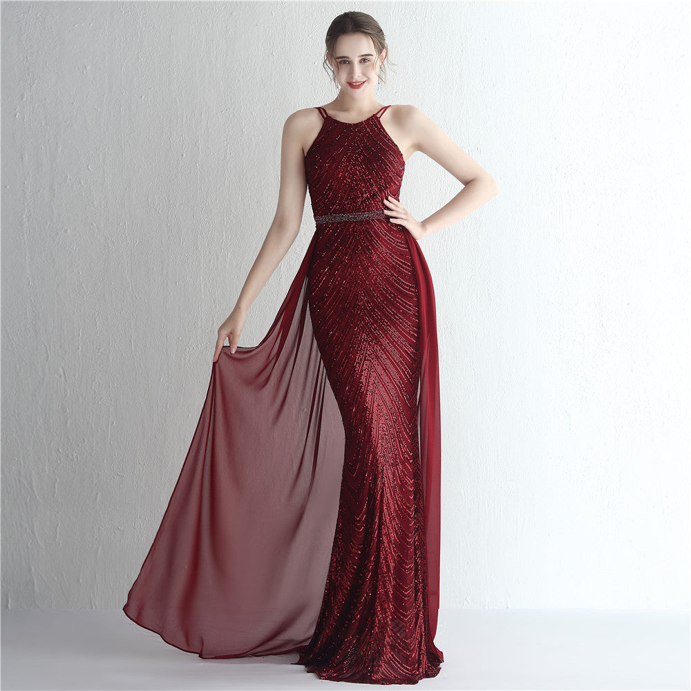 Sofya 19223 # Positioning Floral Sequin Chiffon Skirt with Beaded Halter Neck Style, Elegant and Cool, Long Sequin for Ladies' Banquet