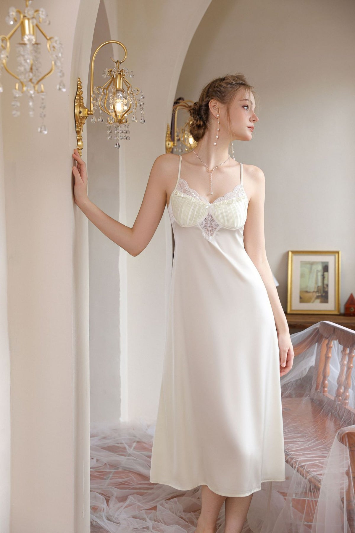 Amiel Robe Pajamas, Spring and Summer High-End Ice Silk Suspender Dress, Long Dress, Elegant Dressing Gown, Nightgown Set with Built-In Breast Pads