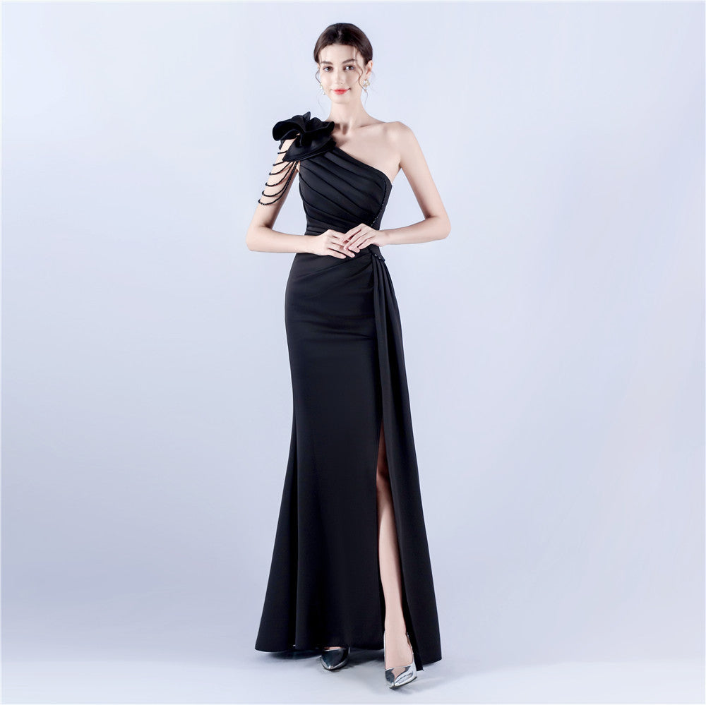 32075# Women's Clothing Heavy Industry Beaded Handmade Art Flower Pleated Technology Satin Shoulder High Fork Evening Dress