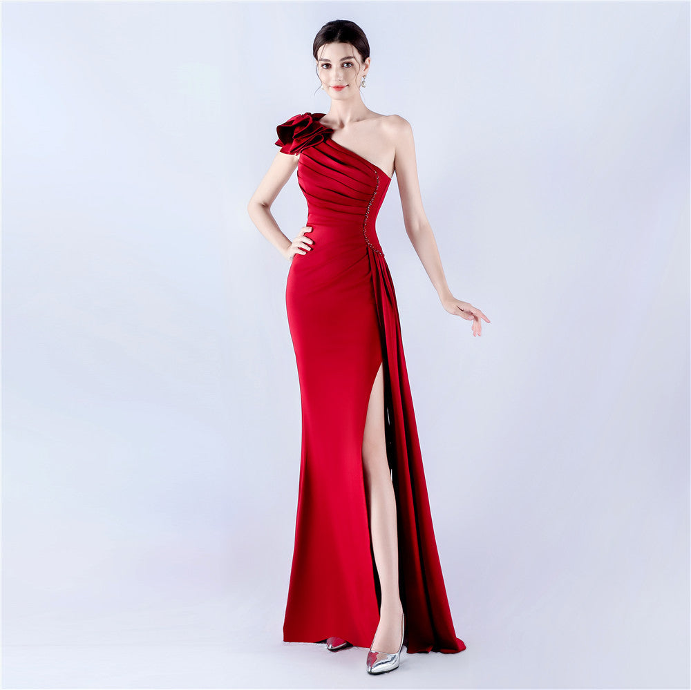 Sofya 31992# New Dress Lotus Shoulder Oblique Neck Craft Bead Hot Drilling Evening Dress Annual Celebration