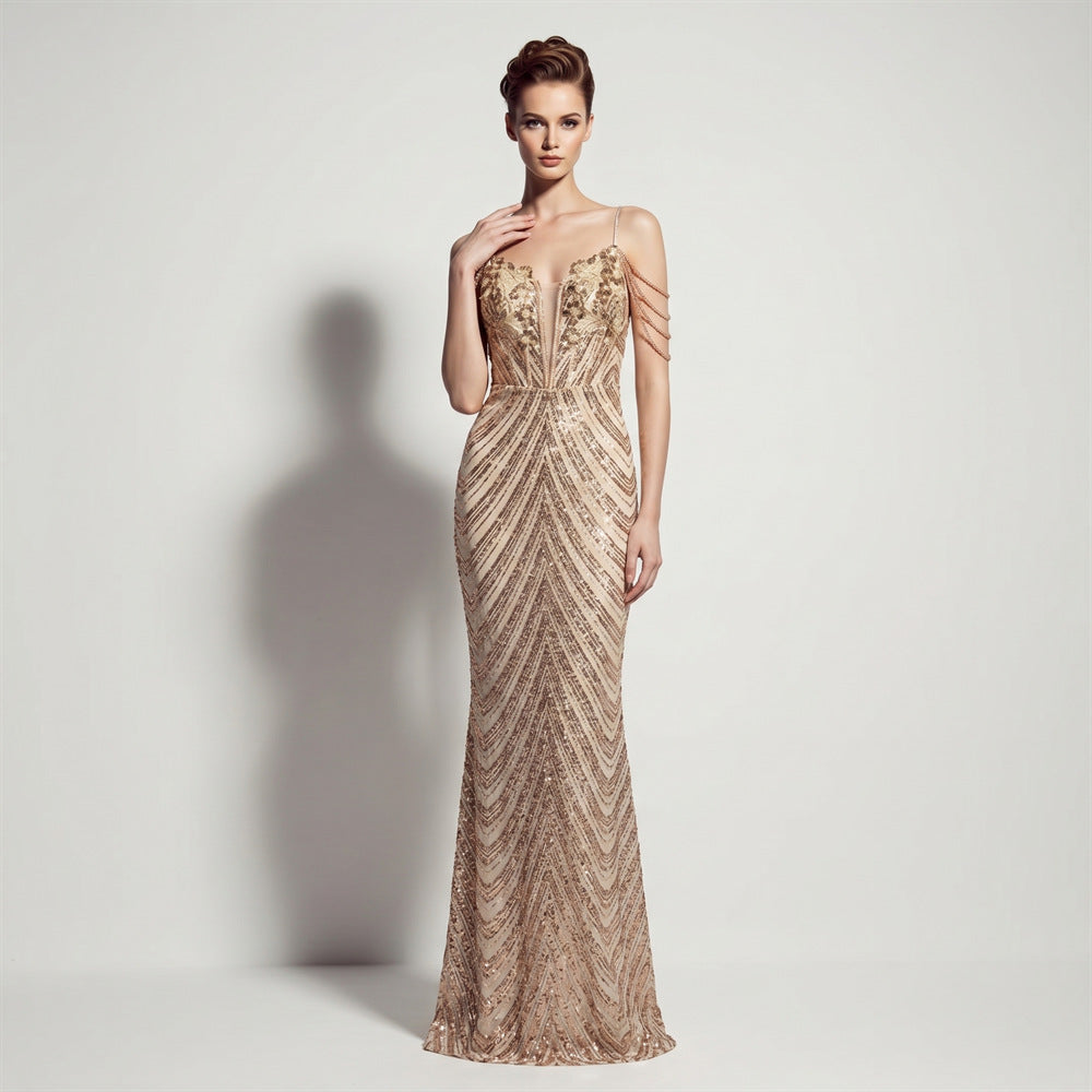 Sofya 35288 # New Style Sequin Tassel Evening Dress Banquet Party Slim Fit Fishtail Long Dress