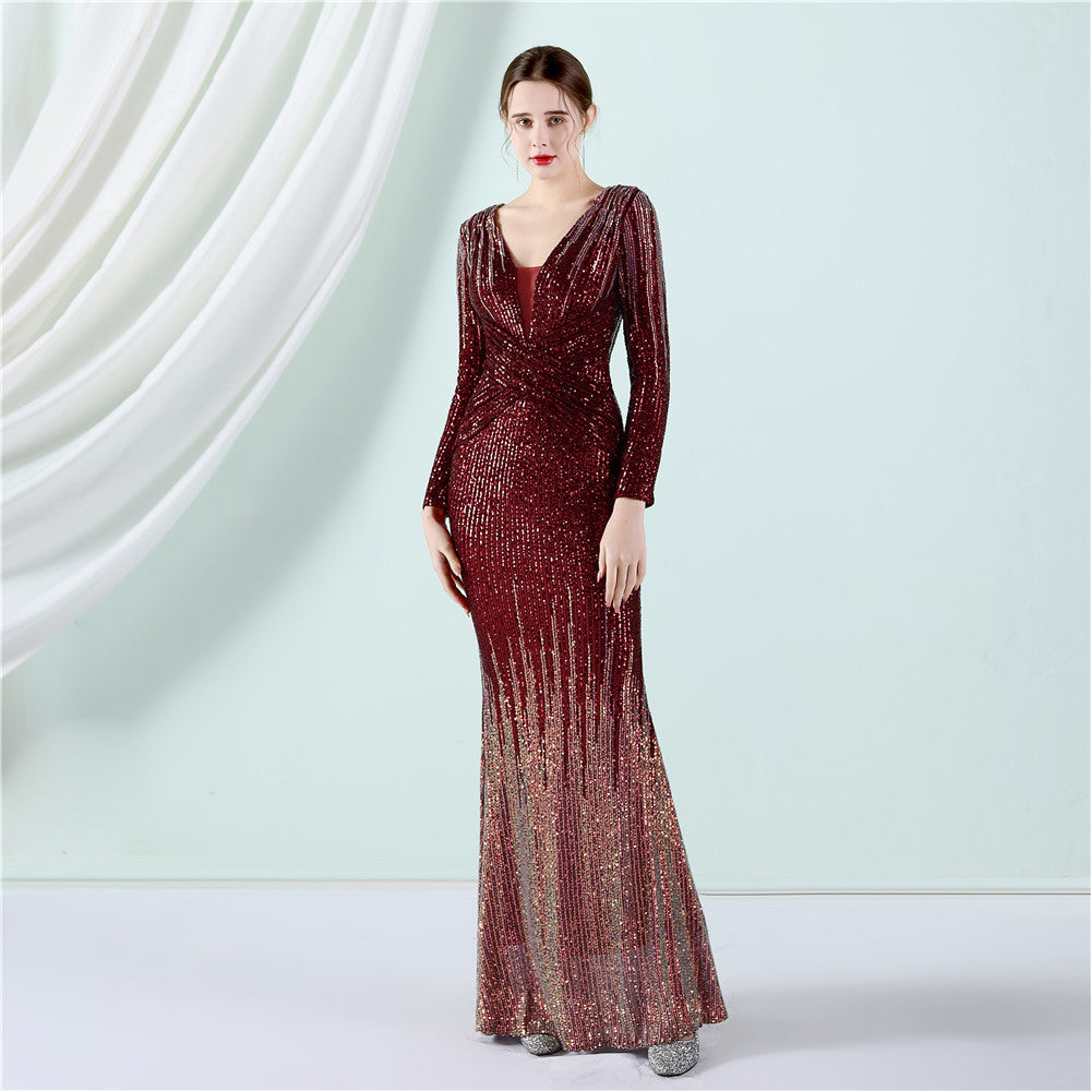 Sofya 19037 # Gradient Beaded Long Sleeve Evening Dress Spring/Summer New Fashion Long Sequin Dress Toast Dress