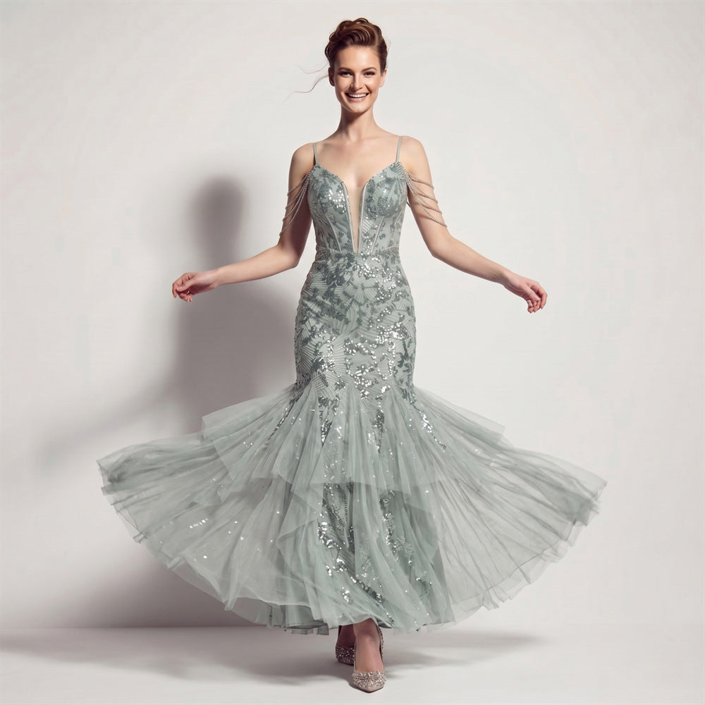 Sofya 35292 # New Style Sequin Tassel Evening Dress Banquet Party Slim Fit Fishtail Long Dress