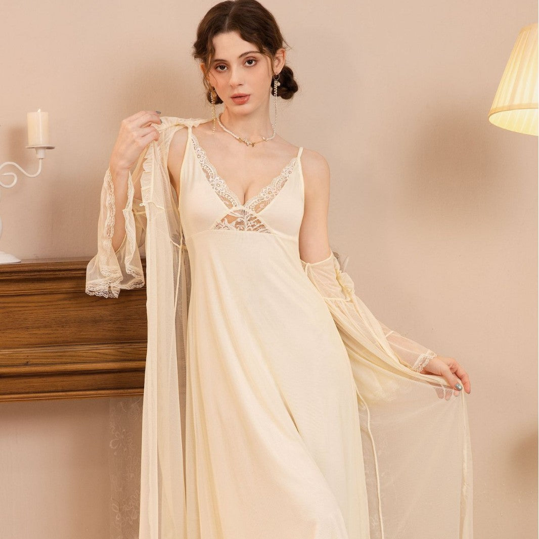 Amiel Palace-Style Modal Fairy Nightgown with Built-In Chest Pads + Mesh Outer Robe Two-Piece Set , Atmospheric Loungewear