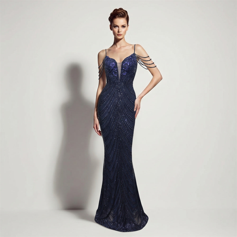 Sofya 35288 # New Style Sequin Tassel Evening Dress Banquet Party Slim Fit Fishtail Long Dress