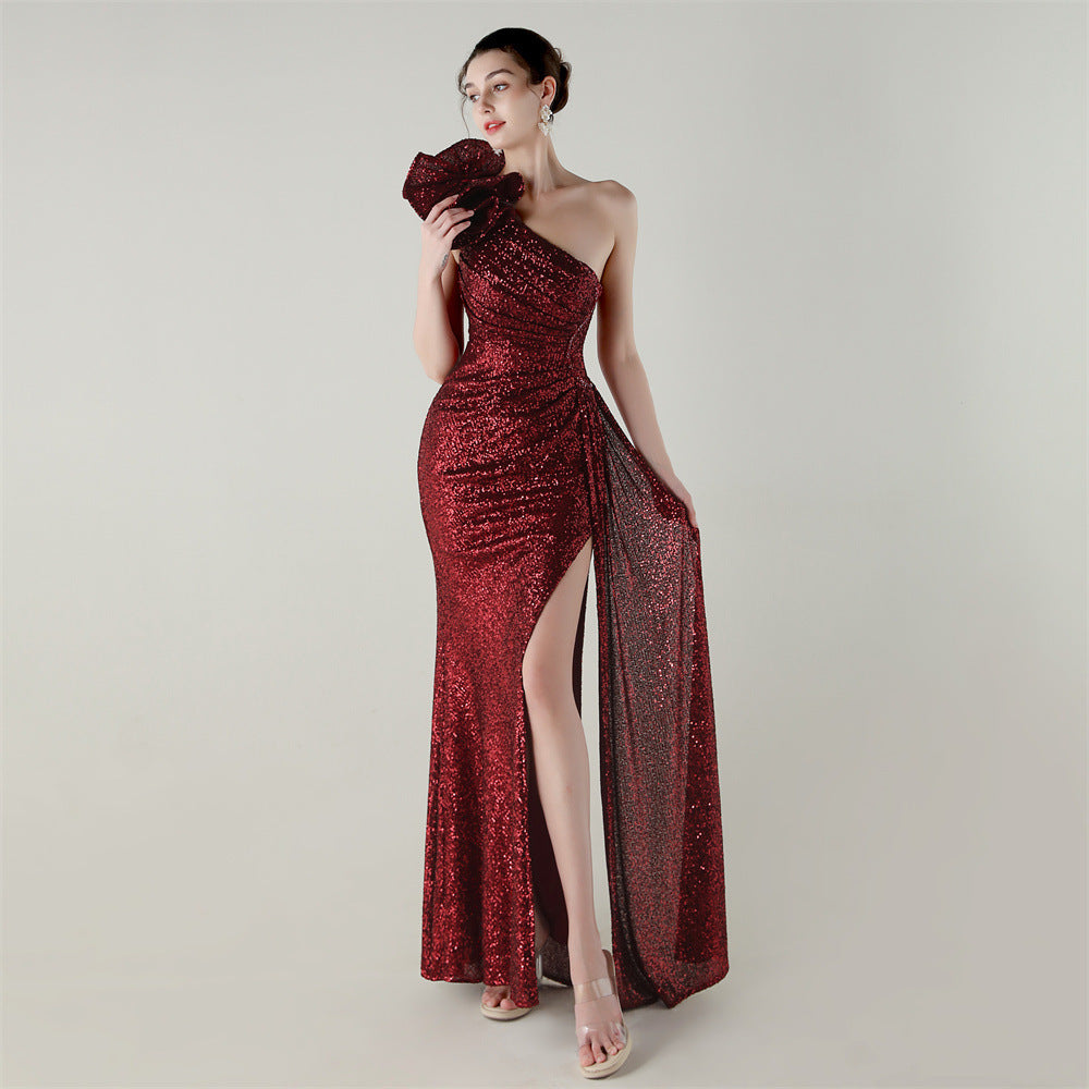 33639 # One-Shoulder Sequin Craft Flower Beaded Slim Fishtail Evening Dress Award Ceremony High-End Social Dress