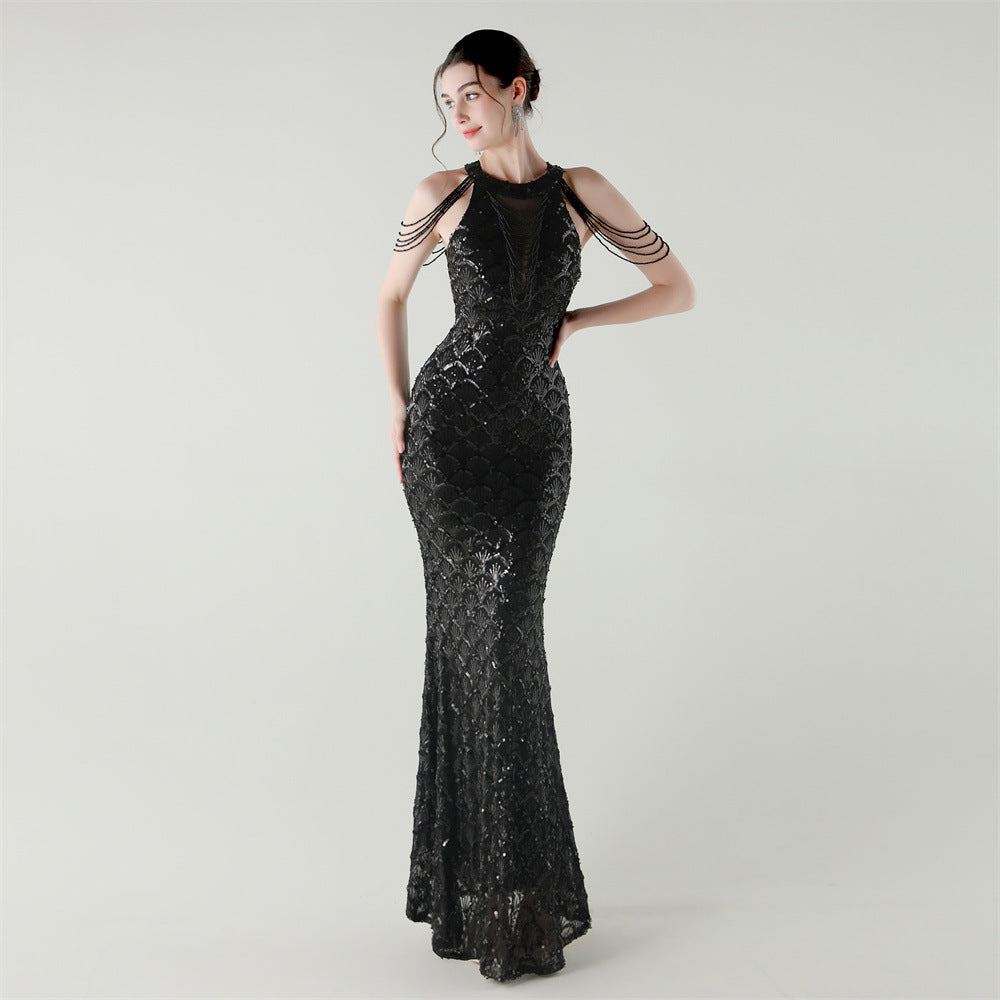 33369 # New High-Neck Draped Thin Chain Decorated Fishtail Skirt Sequined Evening Dress Light Luxury Niche Banquet Dress